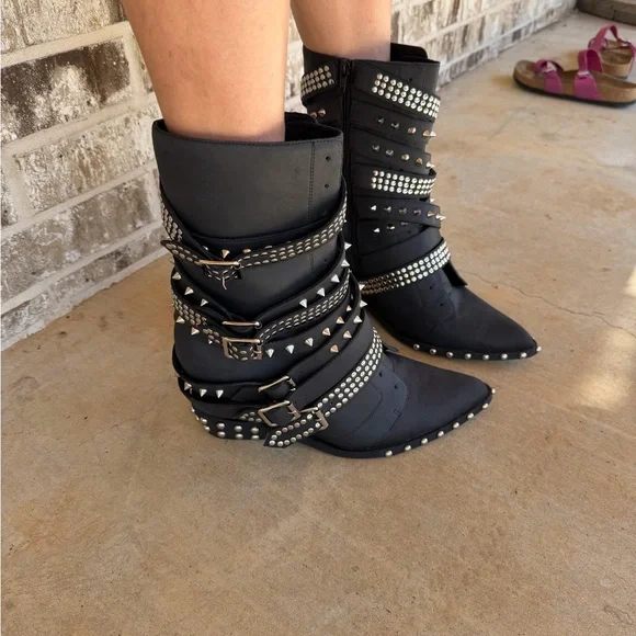 Jeffrey Campbell Free People Sz 12 Black Studded Draco Stud Boots New - Picture 4 of 15